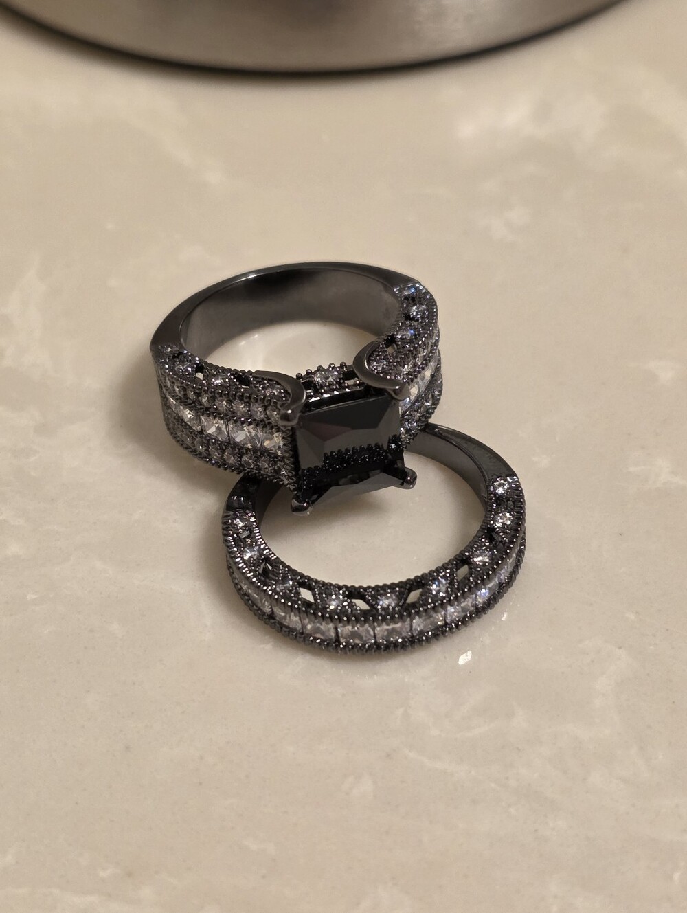 Gunmetal and Black CZ Ring Set Size 7
